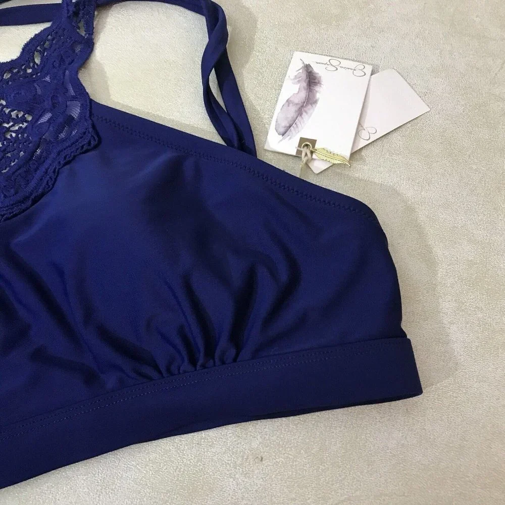 Jessica Simpson Martinique Hi-Neck Sexy Crochet Top Bikini Swimsuit Blue New - Picture 4 of 13